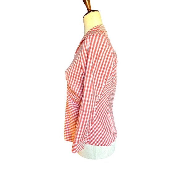 Lafayette 148 NY Petite Red White Gingham Stretch Button-Up Shirt Size 4 - Picture 3 of 8